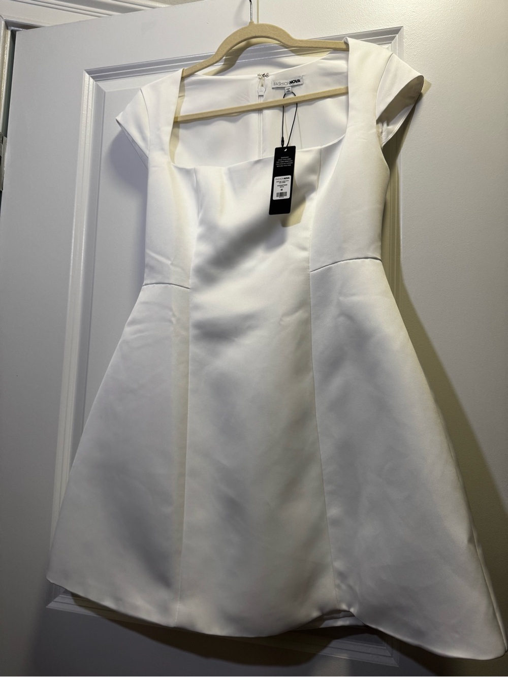 Fashion Nova White Square-Neck Cap Sleeve Fit & Flare Dress